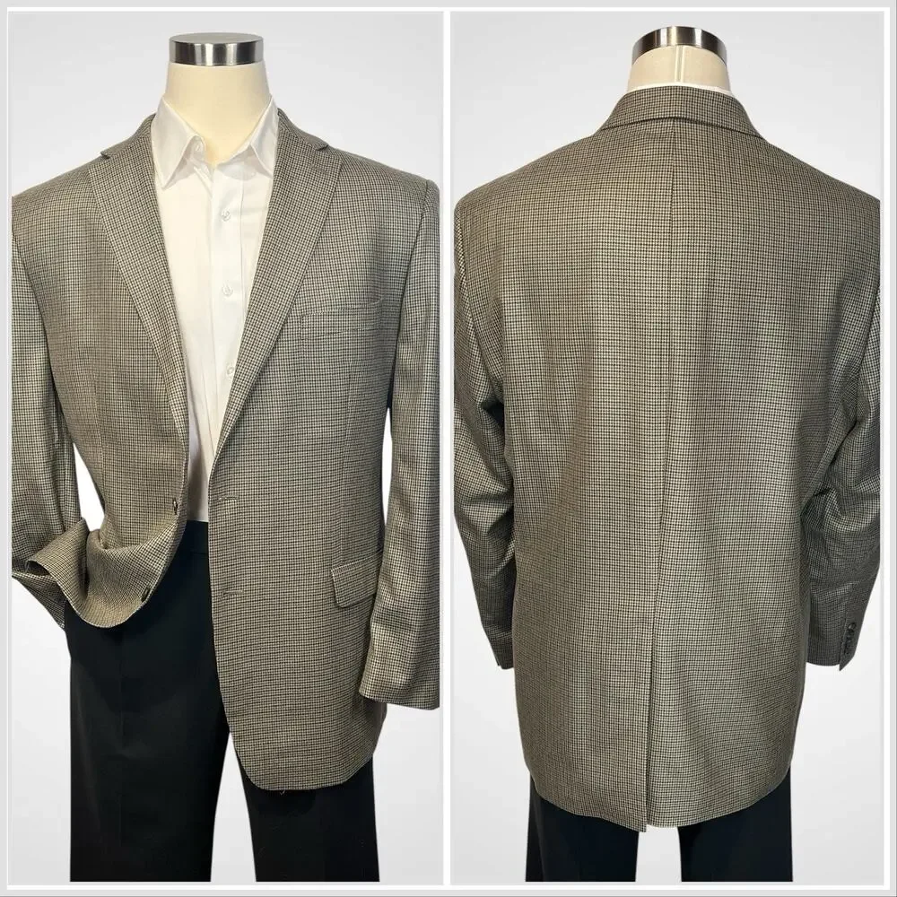 Ralph Lauren LRL 48L Tan Brown Houndstooth Silk Wool Blazer Sport Jacket